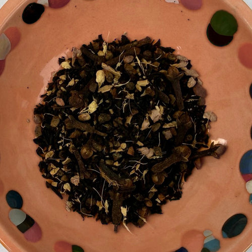 Brigid's Chai loose tea in a terracotta dish