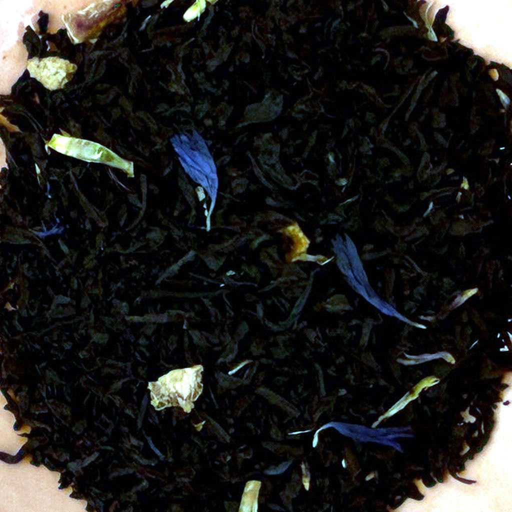 Close-up of Brigid's Elegant Earl loose tea leaves with cornflower petals