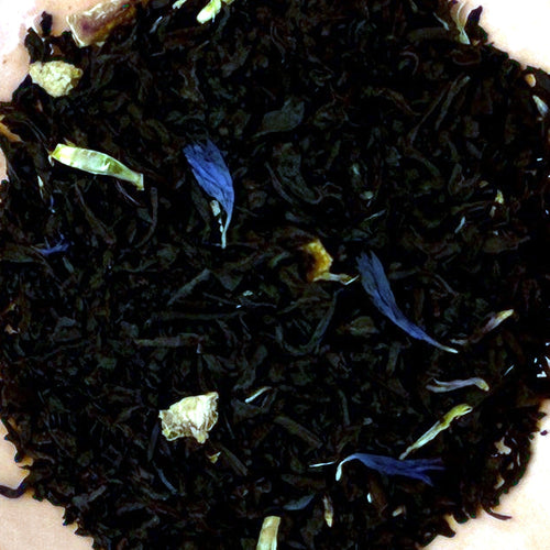 Close-up of Brigid's Elegant Earl loose tea leaves with cornflower petals