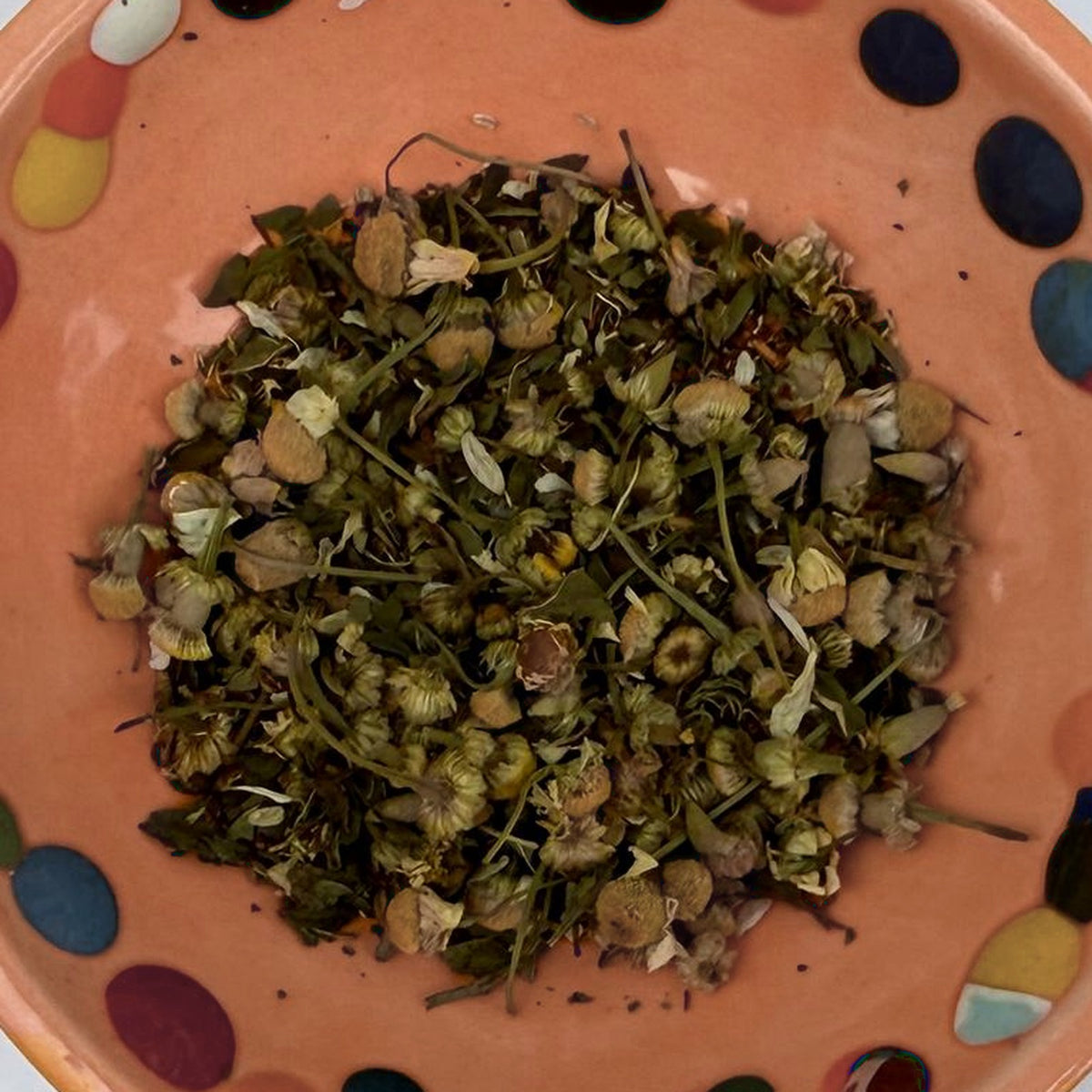Lillian's Shag Dancing loose tea in a terracotta dish