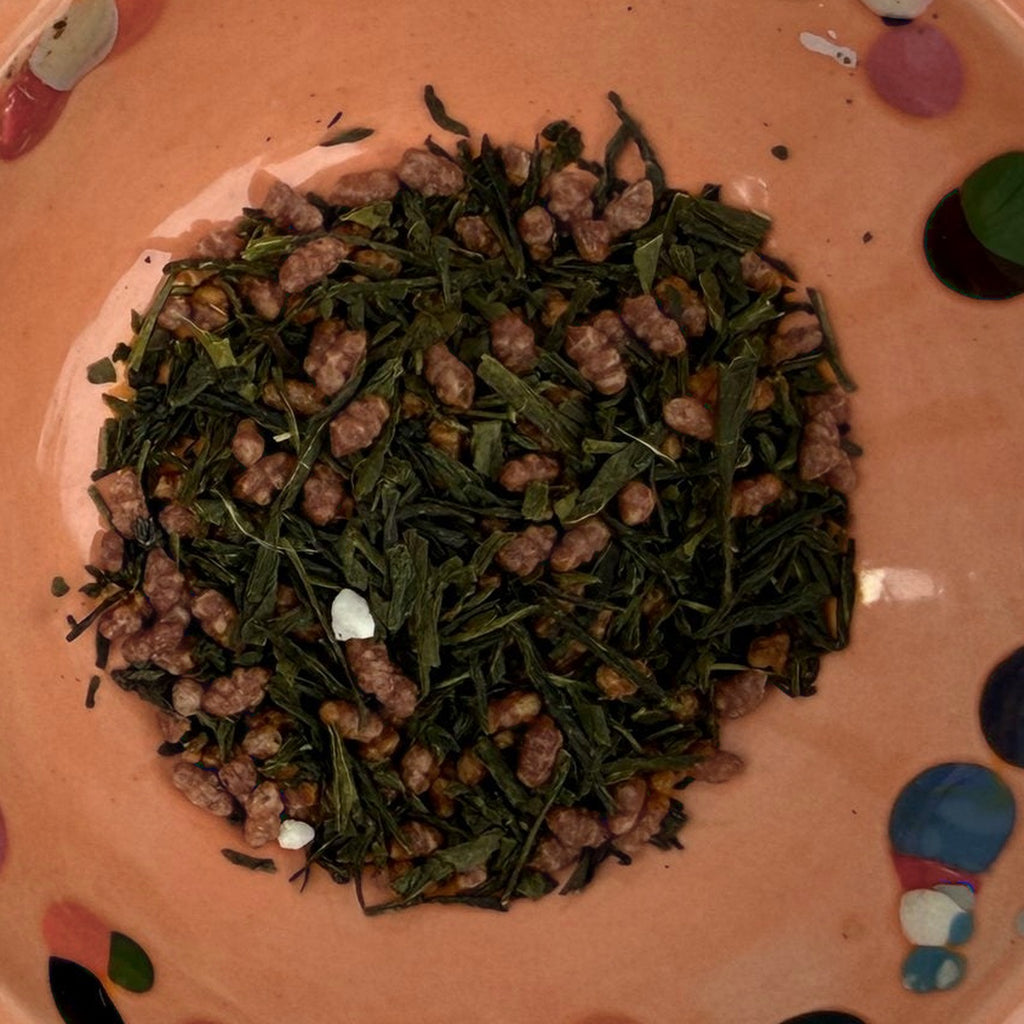 The Puca's Genmaicha loose tea in a terracotta dish