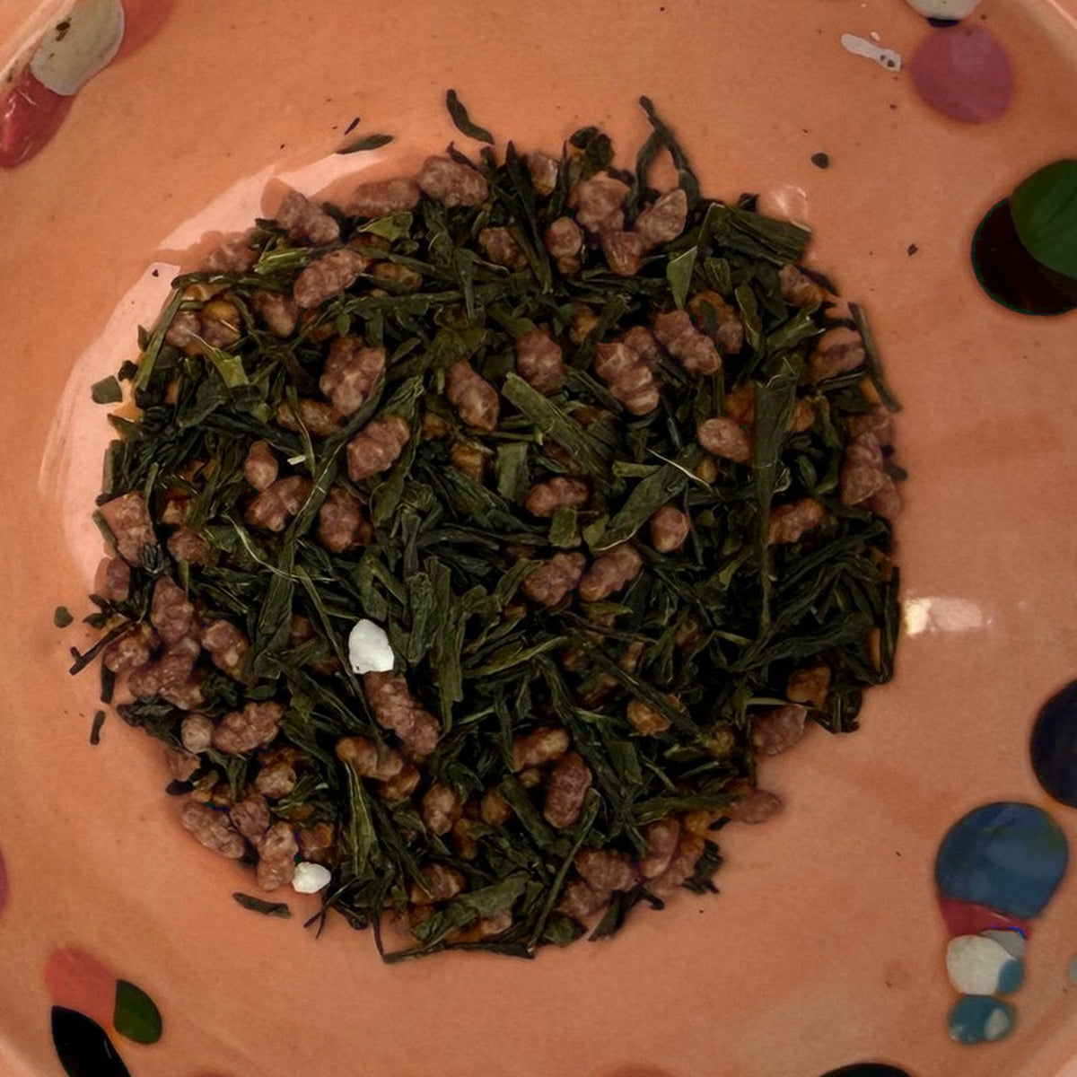 The Puca's Genmaicha loose tea in a terracotta dish
