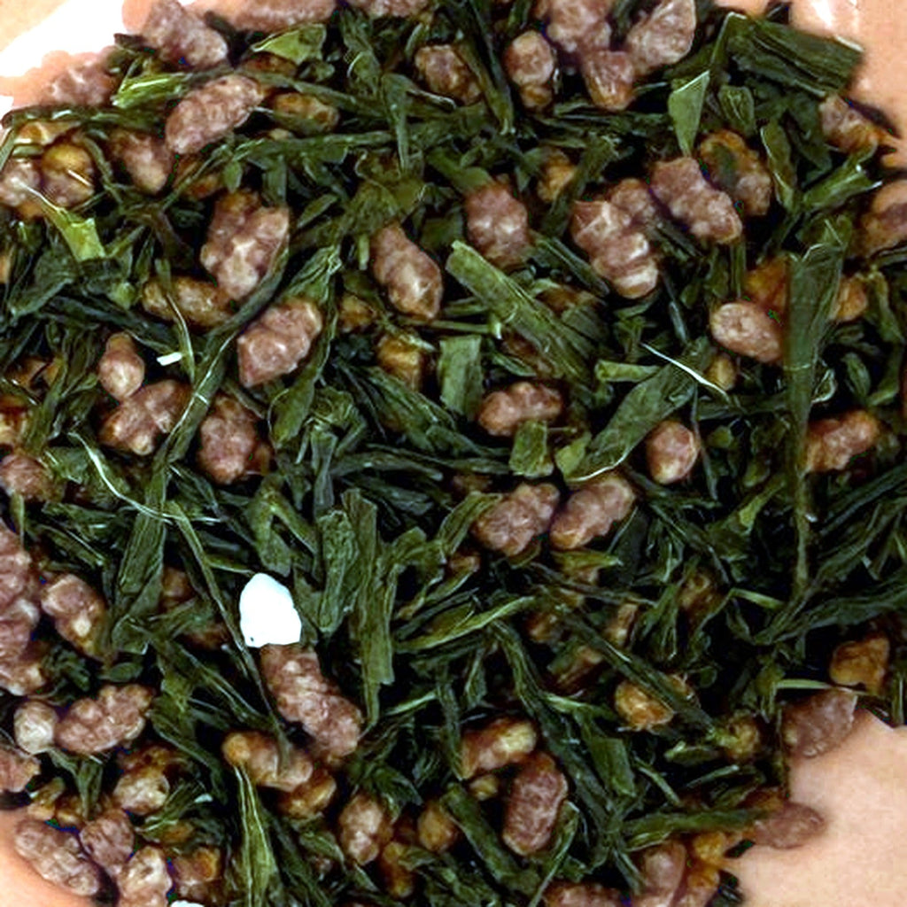 Close-up of The Púca's Genmaicha loose tea leaves